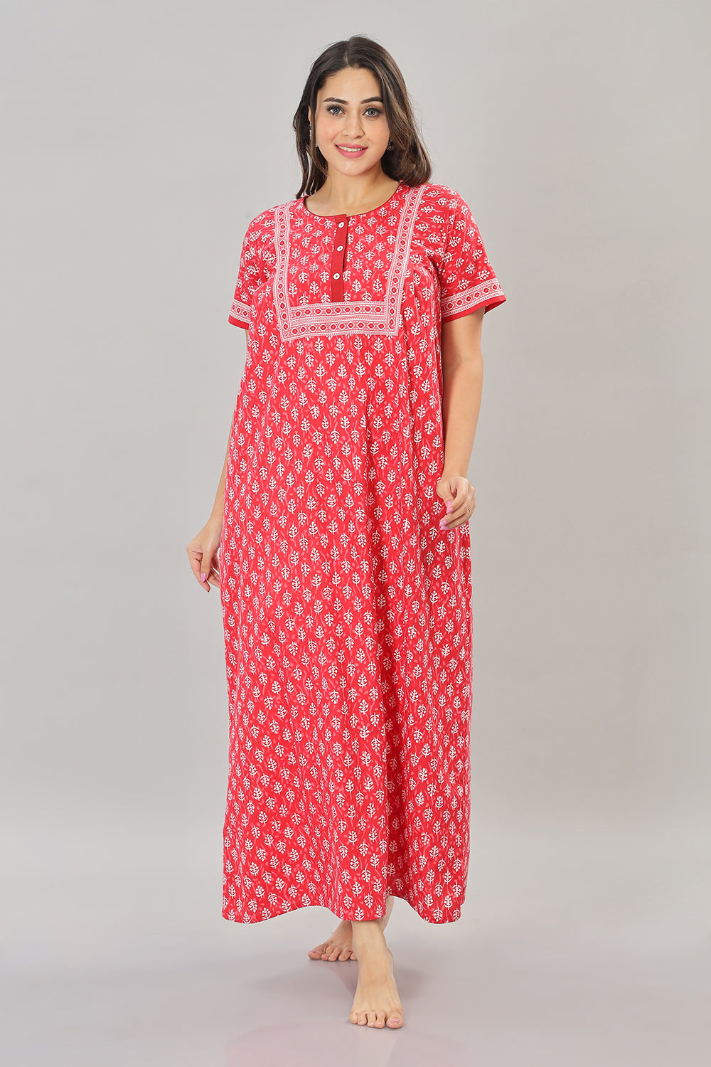 Naidu Hall Round Neck Cotton Printed Front open Pleated  Women's Nighty With Slant Pocket - Red - NT06