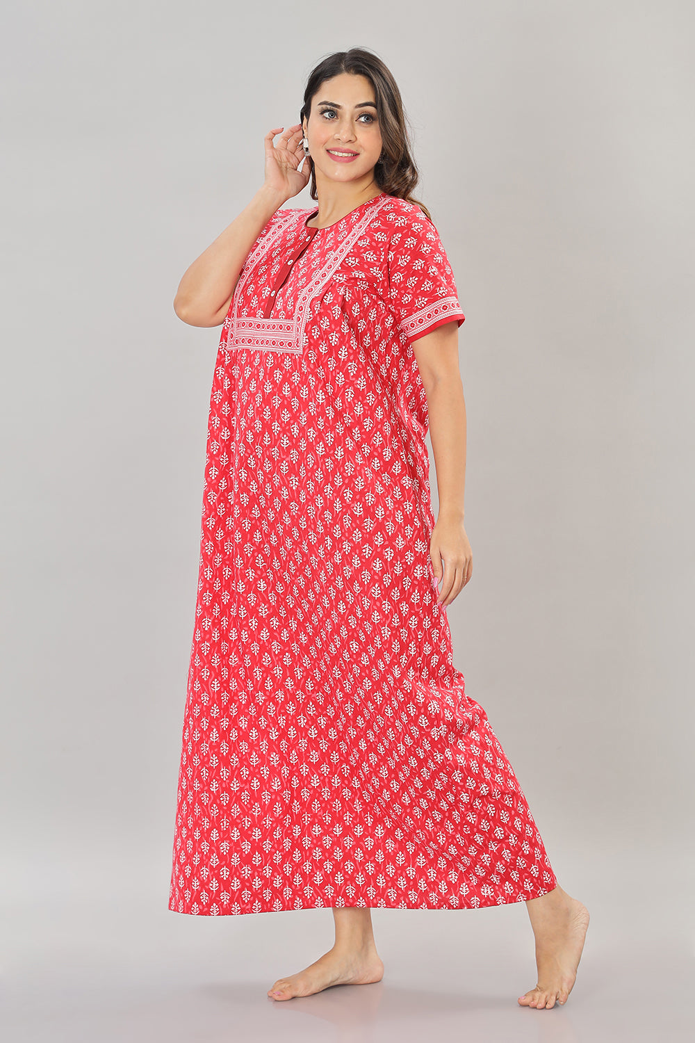 Naidu Hall Round Neck Cotton Printed Front open Pleated  Women's Nighty With Slant Pocket - Red - NT06