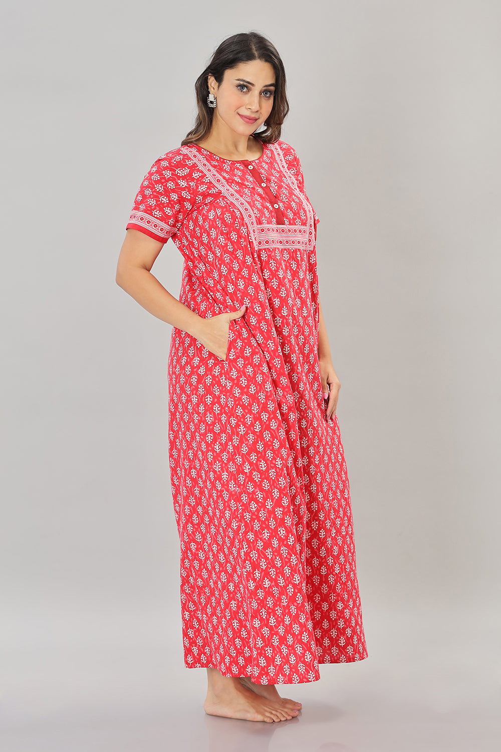 Naidu Hall Round Neck Cotton Printed Front open Pleated  Women's Nighty With Slant Pocket - Red - NT06