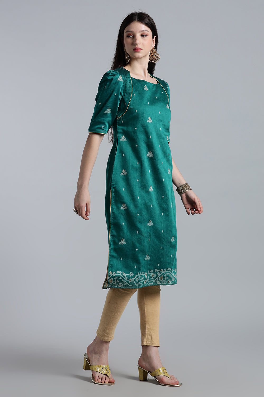 Mythri Women’s Puff Sleeve Jamdhani Kurta – Cotton Occasional Wear Ethnic Kurti - Green - KU92