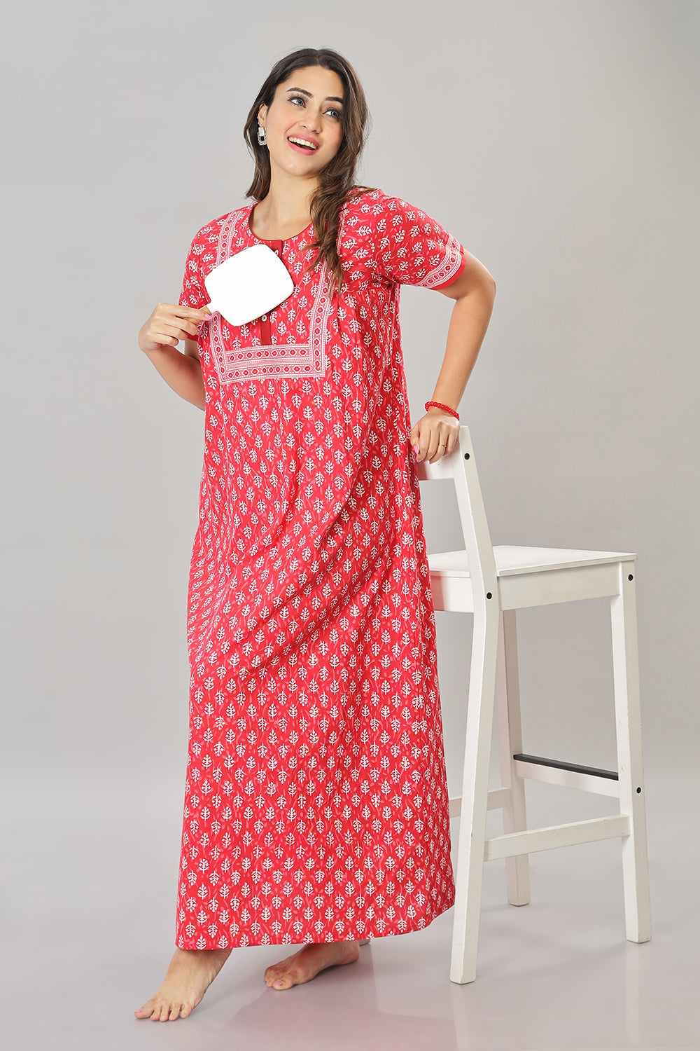 Naidu Hall Round Neck Cotton Printed Front open Pleated  Women's Nighty With Slant Pocket - Red - NT06