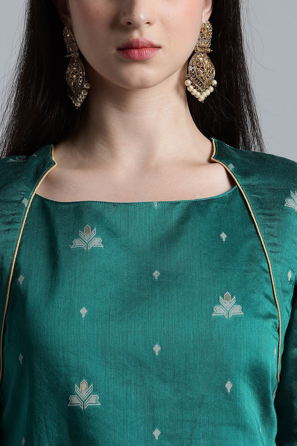 Mythri Women’s Puff Sleeve Jamdhani Kurta – Cotton Occasional Wear Ethnic Kurti - Green - KU92