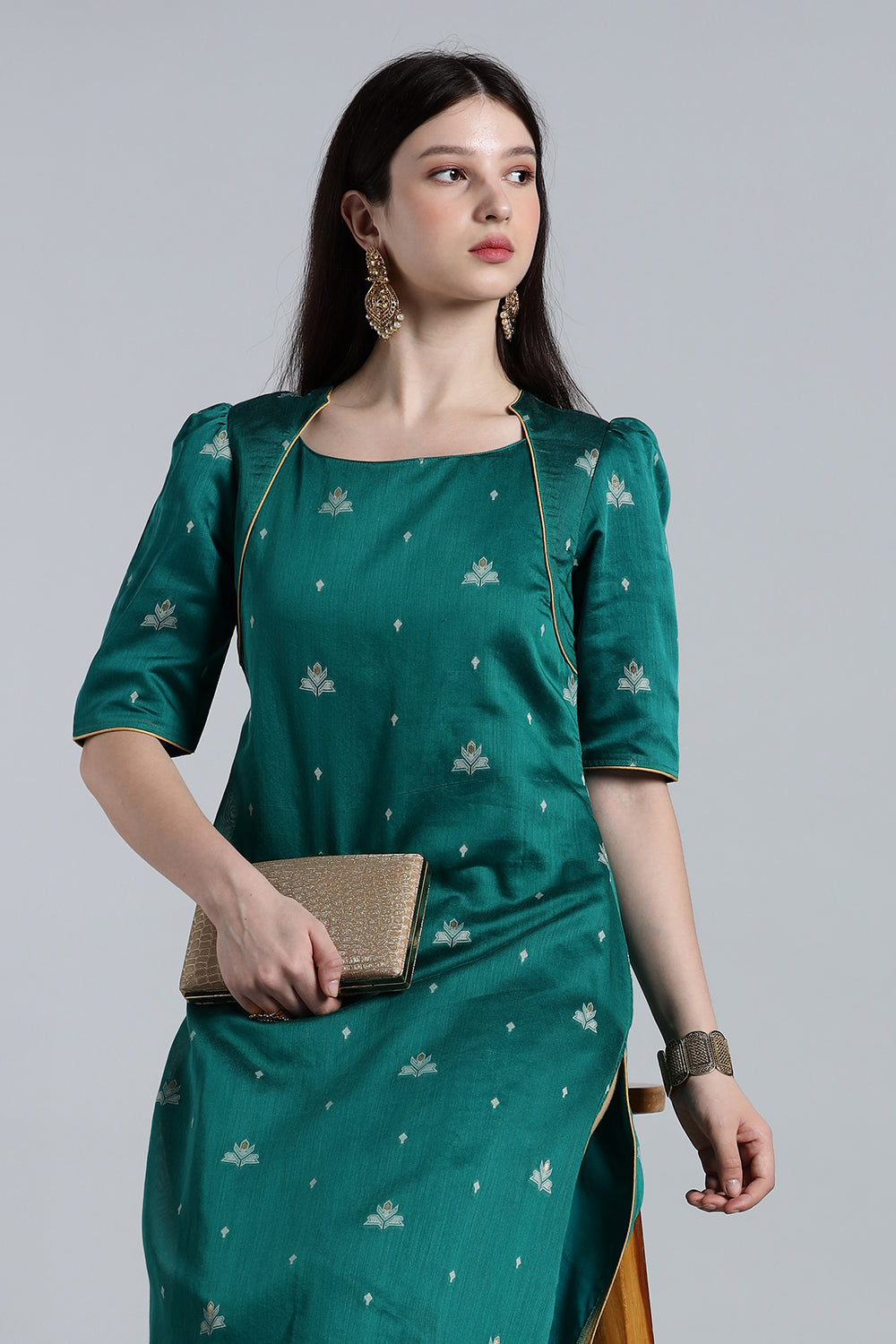 Mythri Women’s Puff Sleeve Jamdhani Kurta – Cotton Occasional Wear Ethnic Kurti - Green - KU92