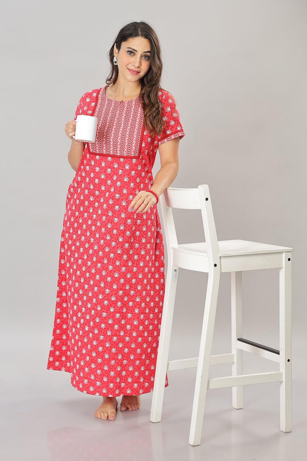 Naidu Hall Round Neck Cotton Printed Pull on  A line  Women's Nighty With Slant Pocket - Red - NT38