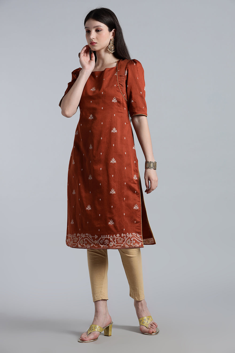 Mythri Women’s Puff Sleeve Jamdhani Kurta – Cotton Occasional Wear Ethnic Kurti - Brown - KU92