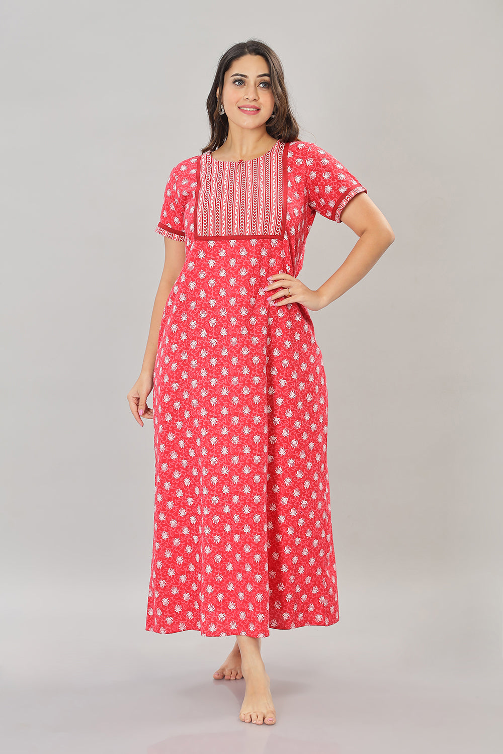 Naidu Hall Round Neck Cotton Printed Pull on  A line  Women's Nighty With Slant Pocket - Red - NT38