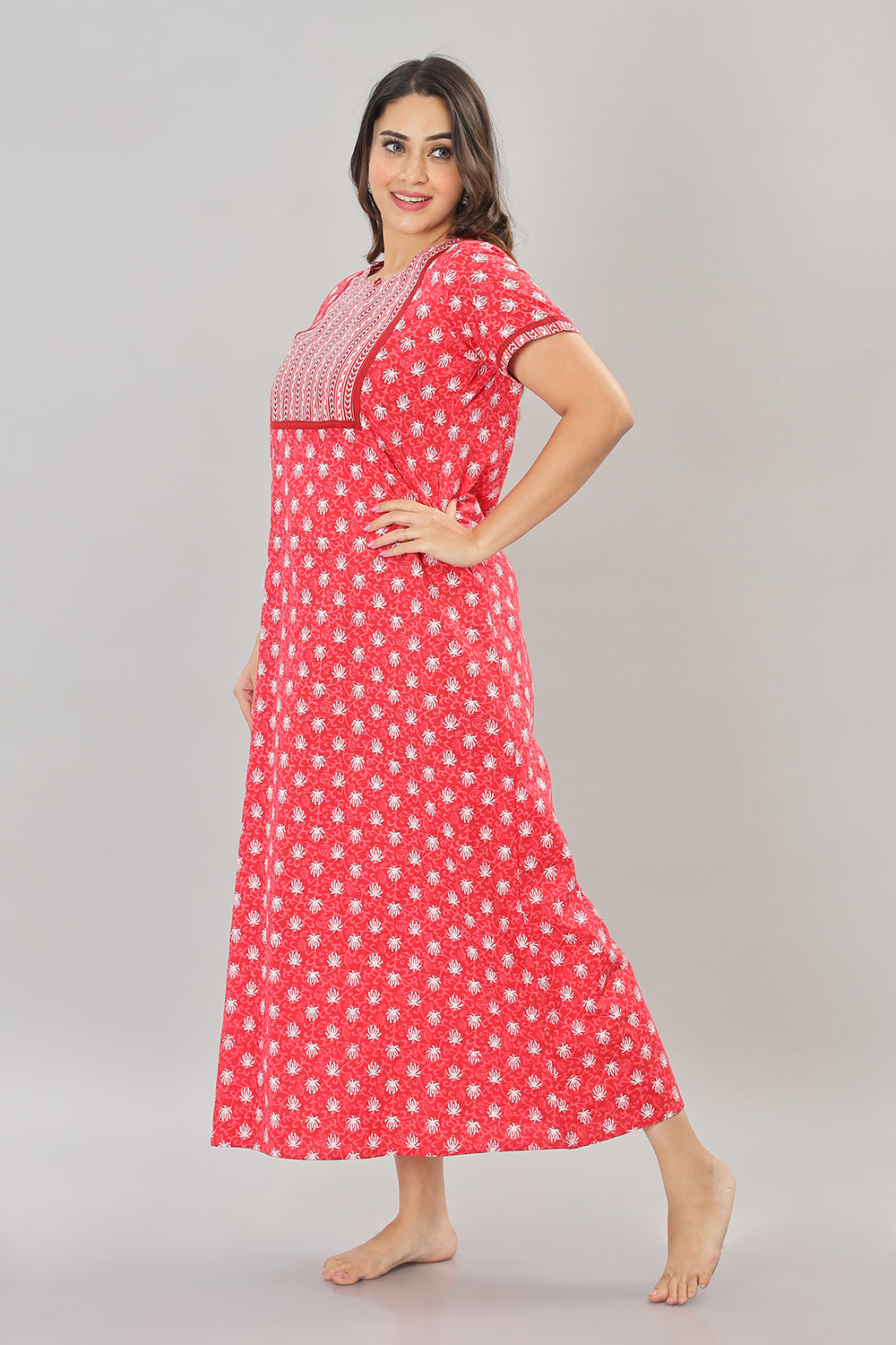 Naidu Hall Round Neck Cotton Printed Pull on  A line  Women's Nighty With Slant Pocket - Red - NT38