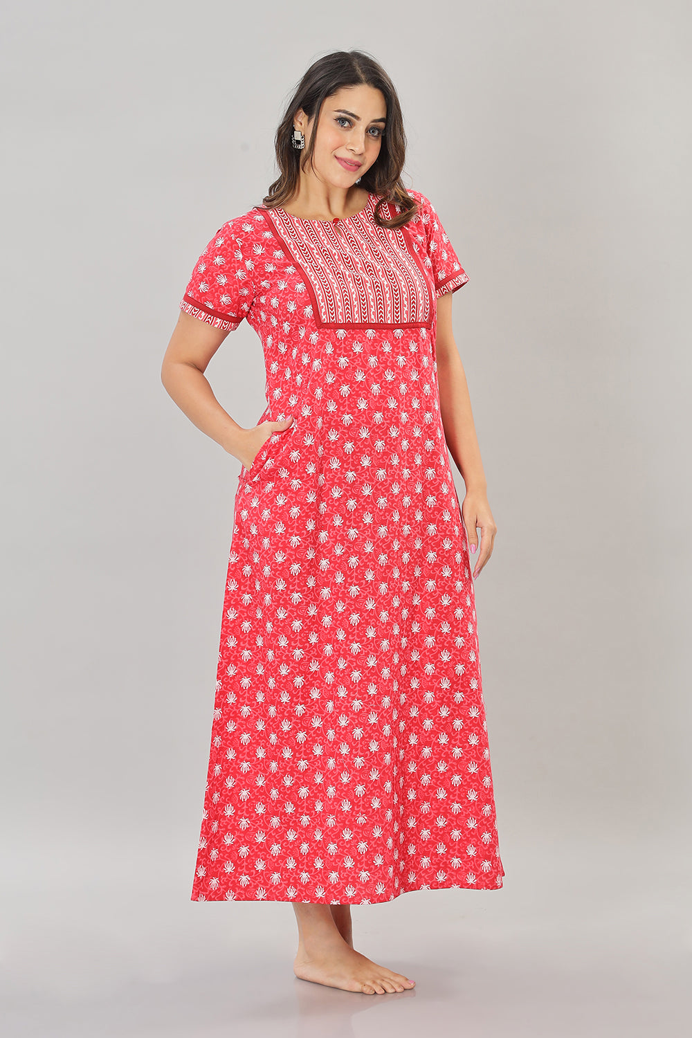 Naidu Hall Round Neck Cotton Printed Pull on  A line  Women's Nighty With Slant Pocket - Red - NT38