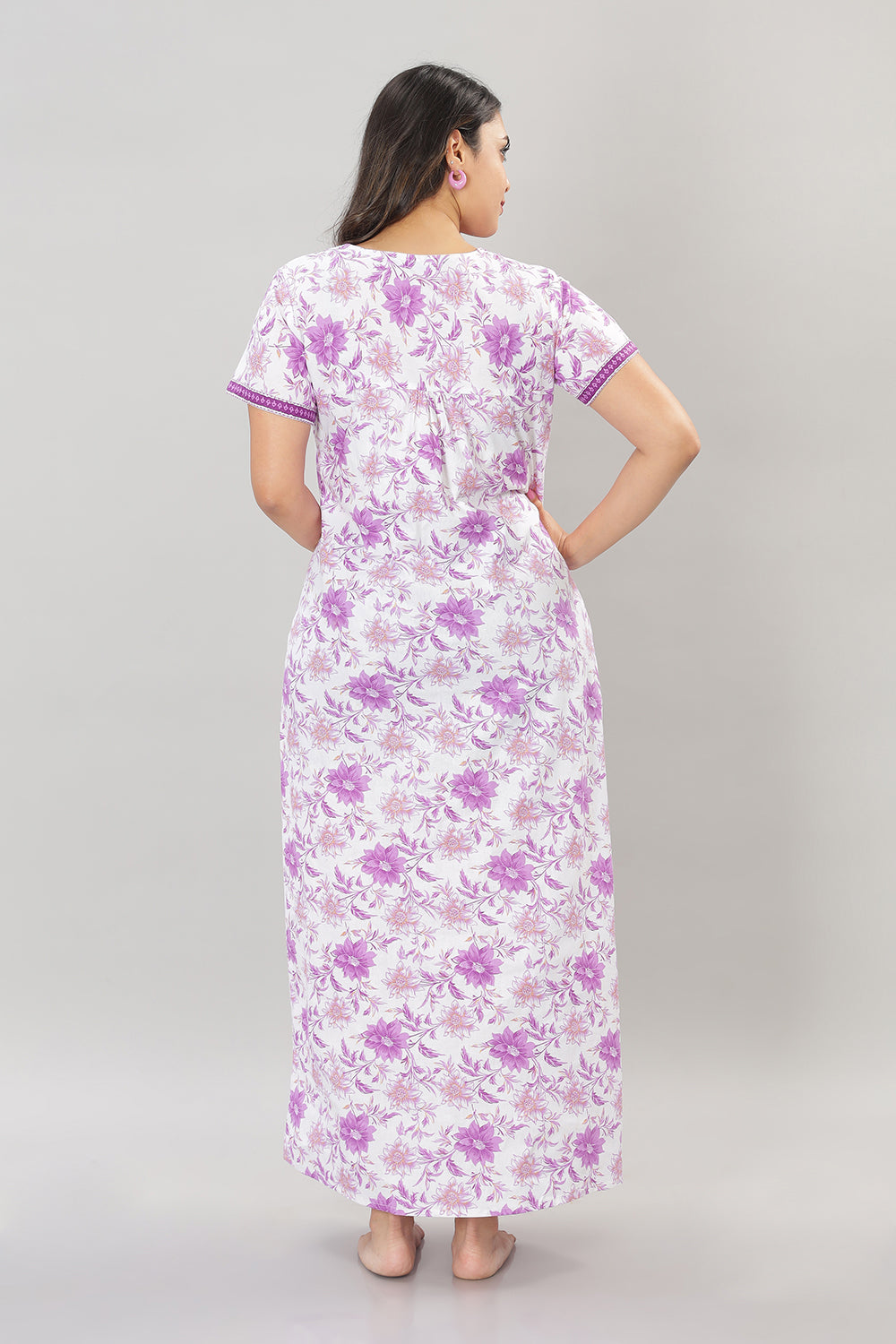 Naidu Hall Square Neck Cotton Printed Front open Pleated  Women's Nighty With Slant Pocket - Purple - NT27