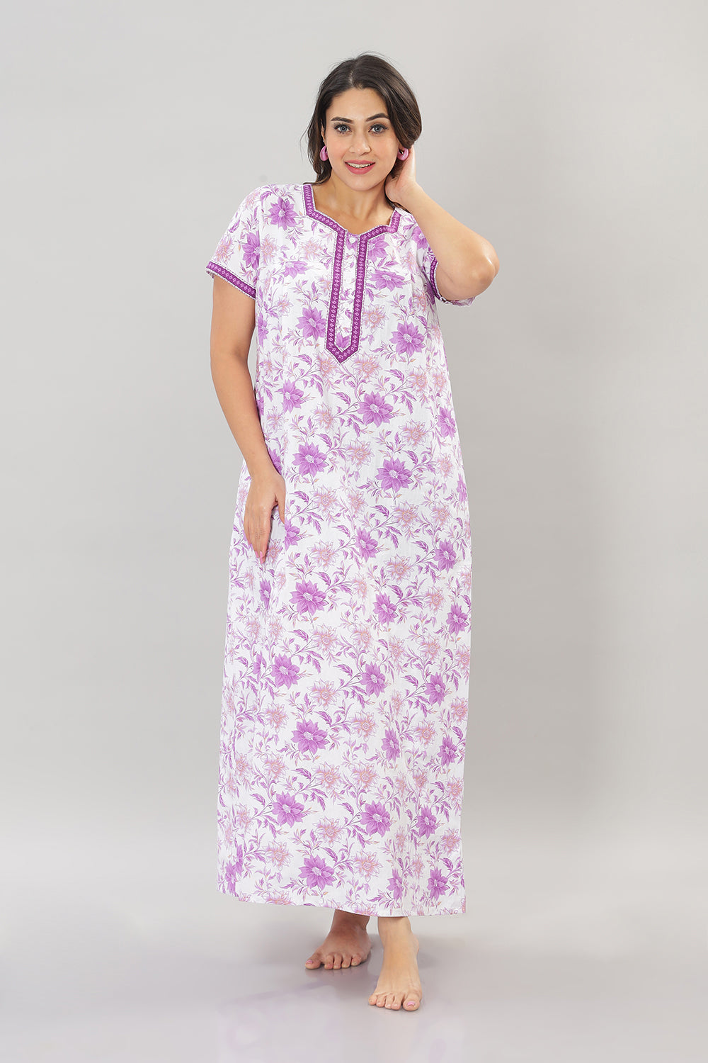 Naidu Hall Square Neck Cotton Printed Front open Pleated  Women's Nighty With Slant Pocket - Purple - NT27