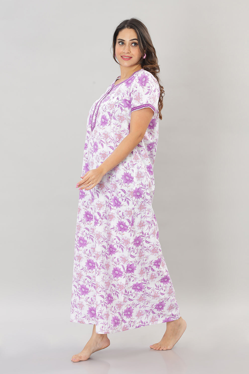 Naidu Hall Square Neck Cotton Printed Front open Pleated  Women's Nighty With Slant Pocket - Purple - NT27