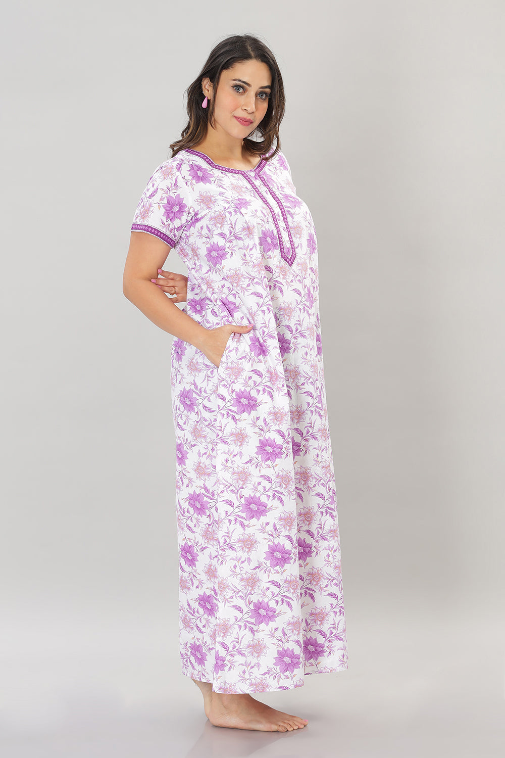 Naidu Hall Square Neck Cotton Printed Front open Pleated  Women's Nighty With Slant Pocket - Purple - NT27