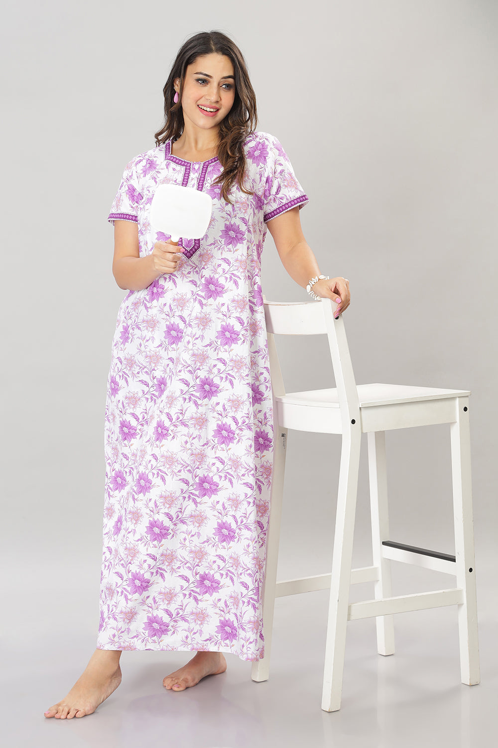 Naidu Hall Square Neck Cotton Printed Front open Pleated  Women's Nighty With Slant Pocket - Purple - NT27