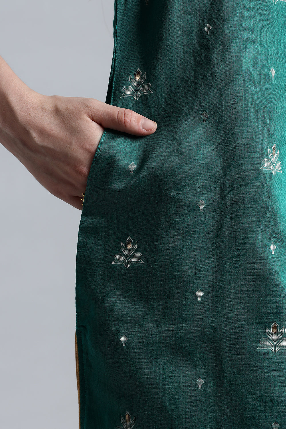 Mythri Women’s Puff Sleeve Jamdhani Kurta – Cotton Occasional Wear Ethnic Kurti - Green - KU92
