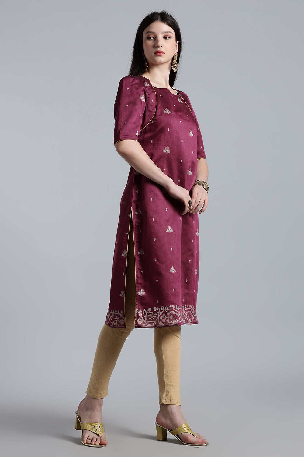 Mythri Women’s Puff Sleeve Jamdhani Kurta – Cotton Occasional Wear Ethnic Kurti - Purple - KU92