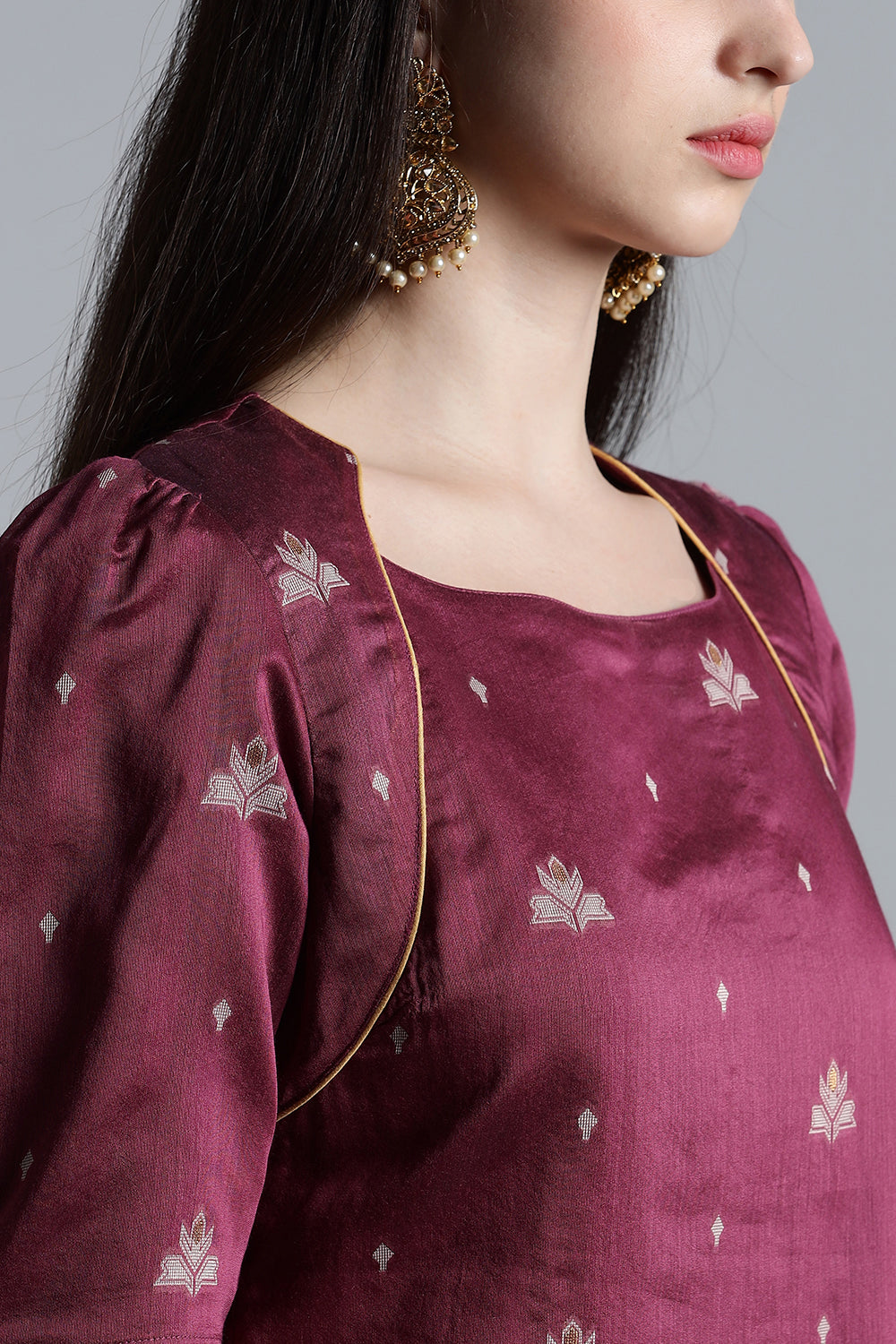 Mythri Women’s Puff Sleeve Jamdhani Kurta – Cotton Occasional Wear Ethnic Kurti - Purple - KU92