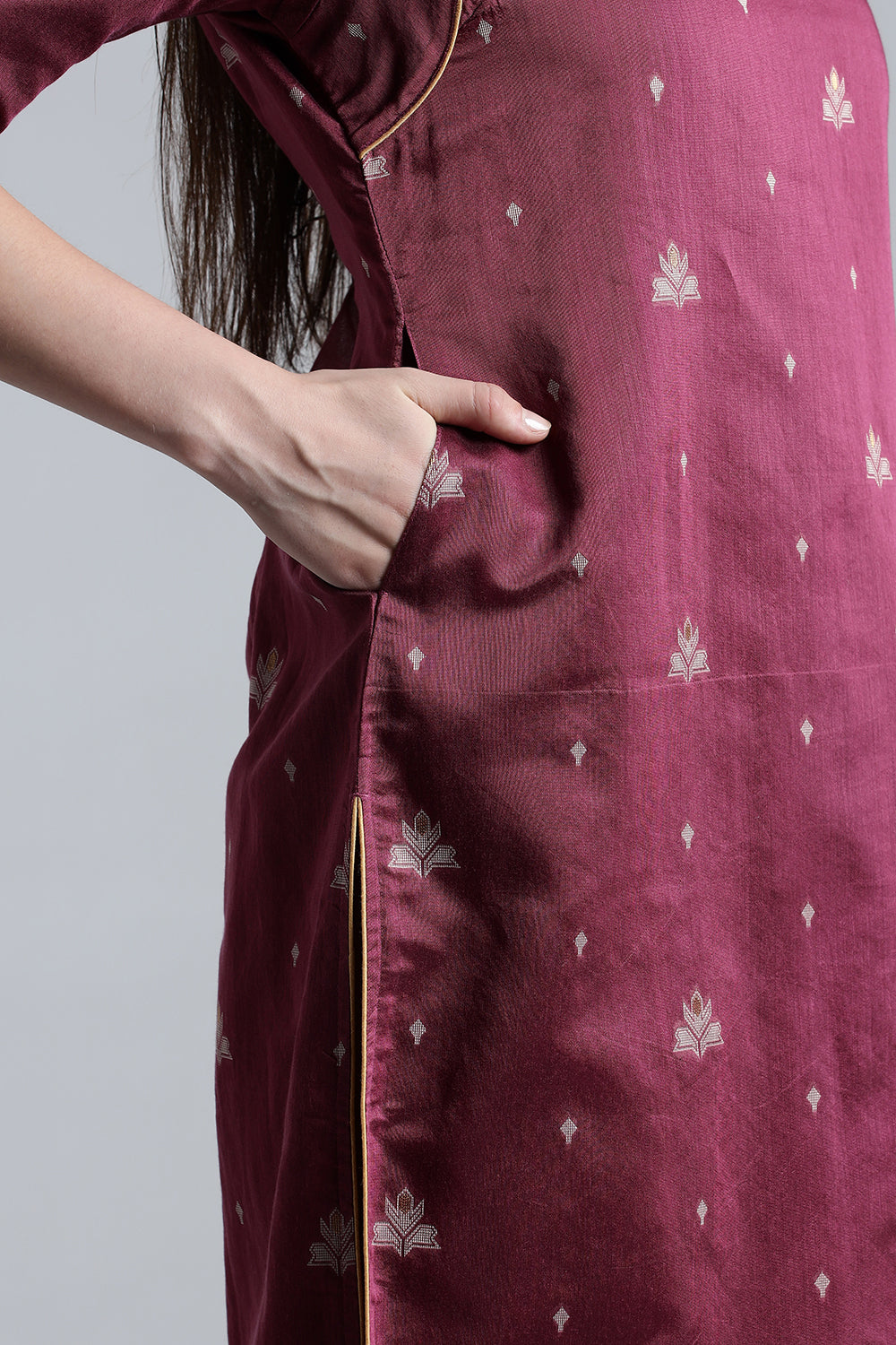 Mythri Women’s Puff Sleeve Jamdhani Kurta – Cotton Occasional Wear Ethnic Kurti - Purple - KU92