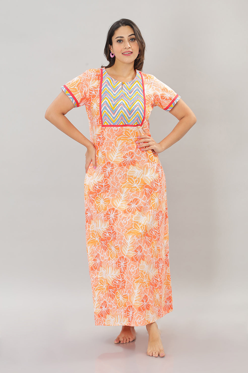 Naidu Hall Round Neck Cotton Printed Pull on  A line  Women's Nighty With Slant Pocket - Orange - NT31