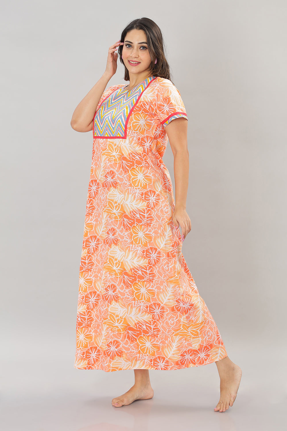 Naidu Hall Round Neck Cotton Printed Pull on  A line  Women's Nighty With Slant Pocket - Orange - NT31