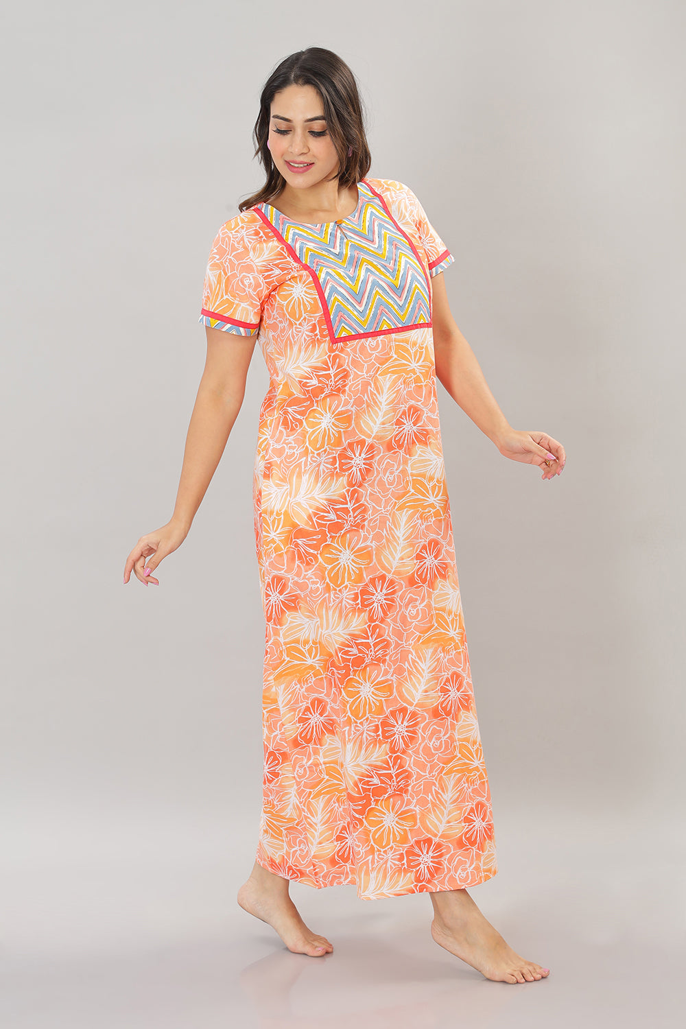 Naidu Hall Round Neck Cotton Printed Pull on  A line  Women's Nighty With Slant Pocket - Orange - NT31