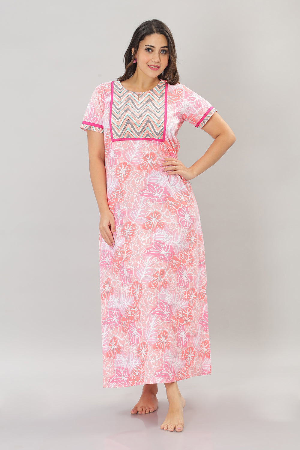 Naidu Hall Round Neck Cotton Printed Pull on  A line  Women's Nighty With Slant Pocket - Pink - NT33