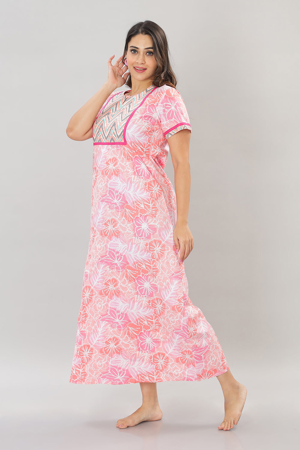 Naidu Hall Round Neck Cotton Printed Pull on  A line  Women's Nighty With Slant Pocket - Pink - NT33