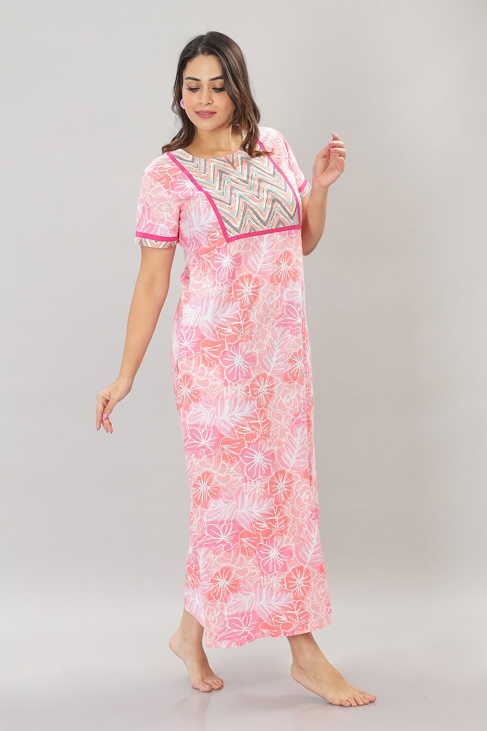 Naidu Hall Round Neck Cotton Printed Pull on  A line  Women's Nighty With Slant Pocket - Pink - NT33