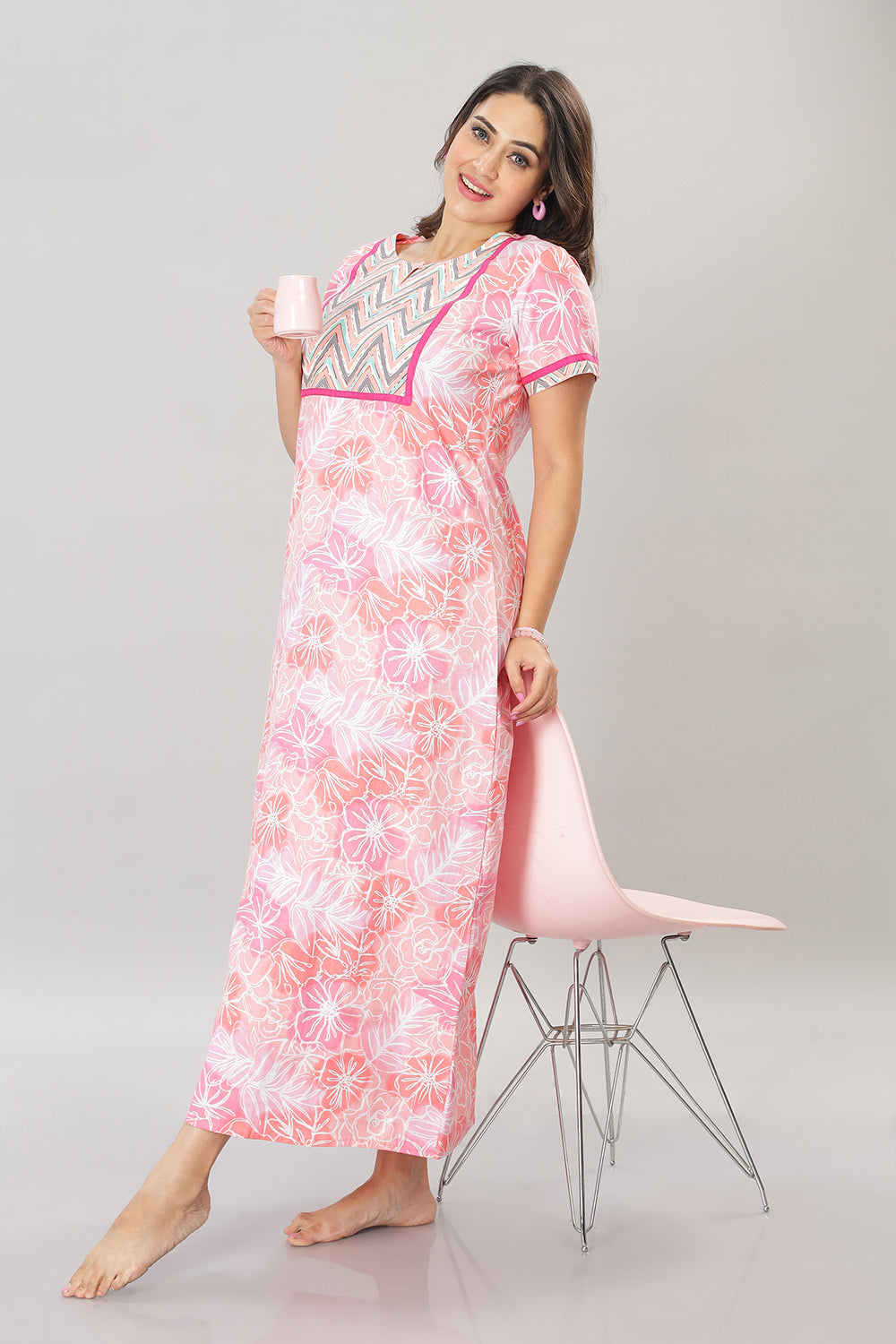 Naidu Hall Round Neck Cotton Printed Pull on  A line  Women's Nighty With Slant Pocket - Pink - NT33