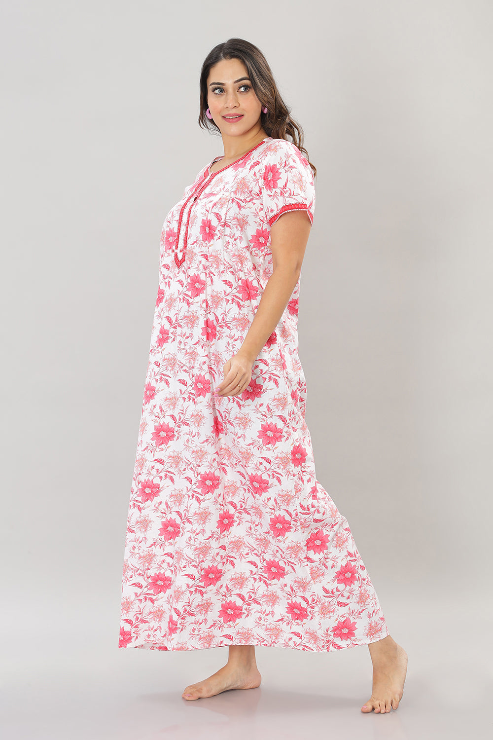 Naidu Hall Square Neck Cotton Printed Front open Pleated  Women's Nighty With Slant Pocket - Red - NT26