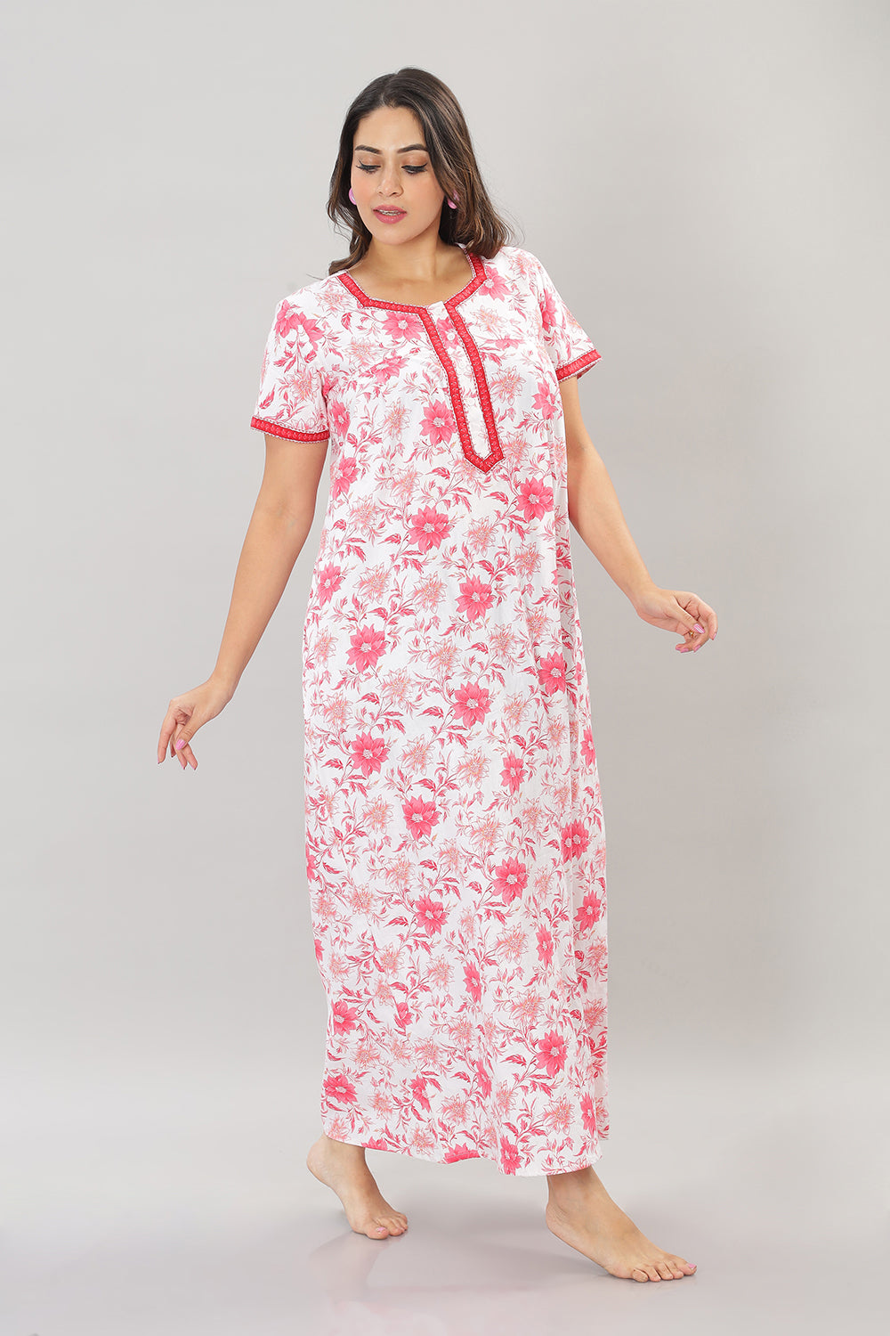 Naidu Hall Square Neck Cotton Printed Front open Pleated  Women's Nighty With Slant Pocket - Red - NT26