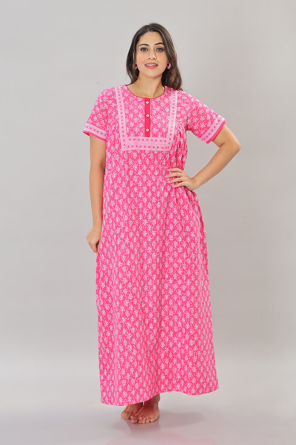 Naidu Hall Round Neck Cotton Printed Front open Pleated  Women's Nighty With Slant Pocket - Pink - NT04