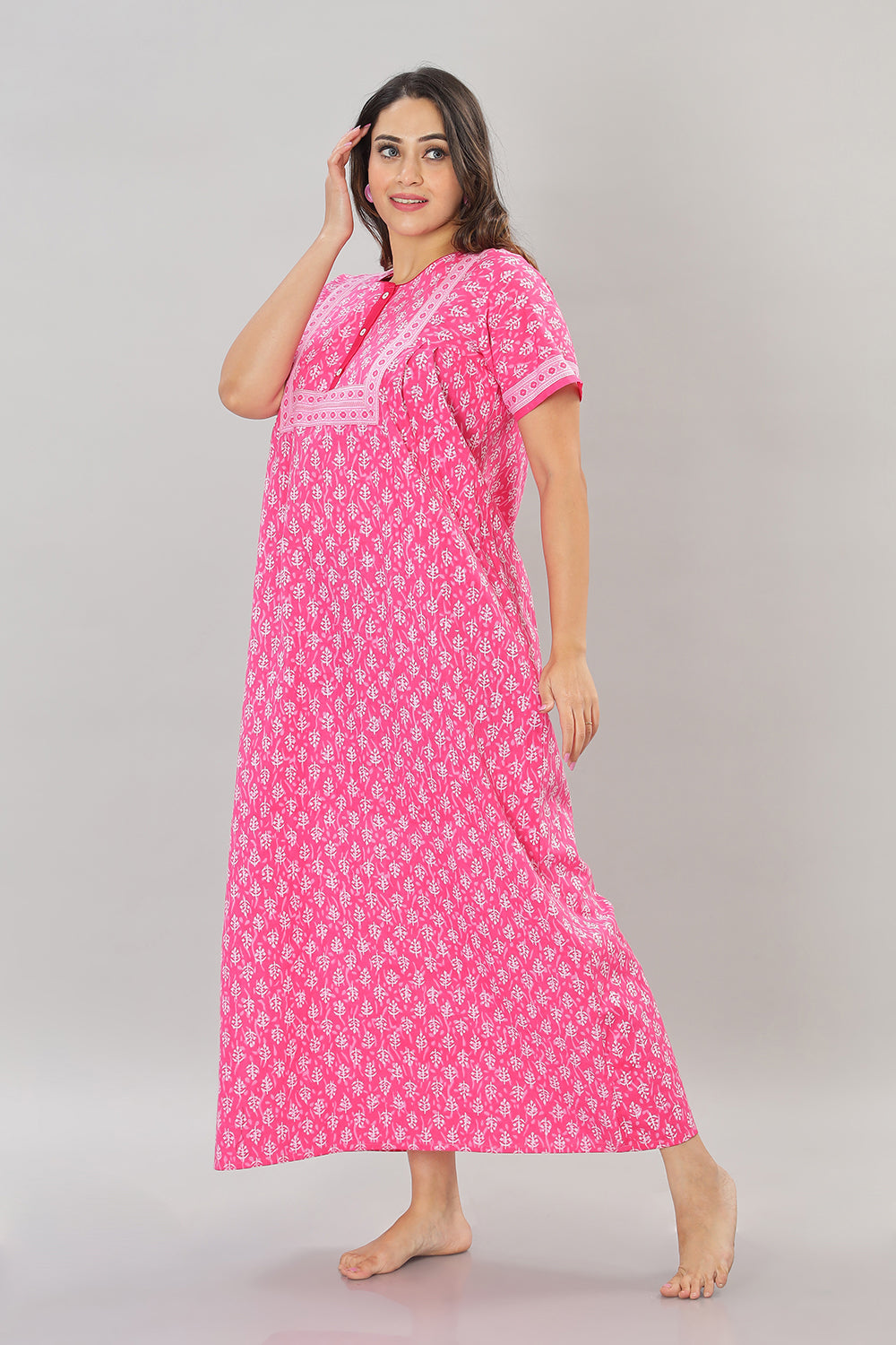 Naidu Hall Round Neck Cotton Printed Front open Pleated  Women's Nighty With Slant Pocket - Pink - NT04