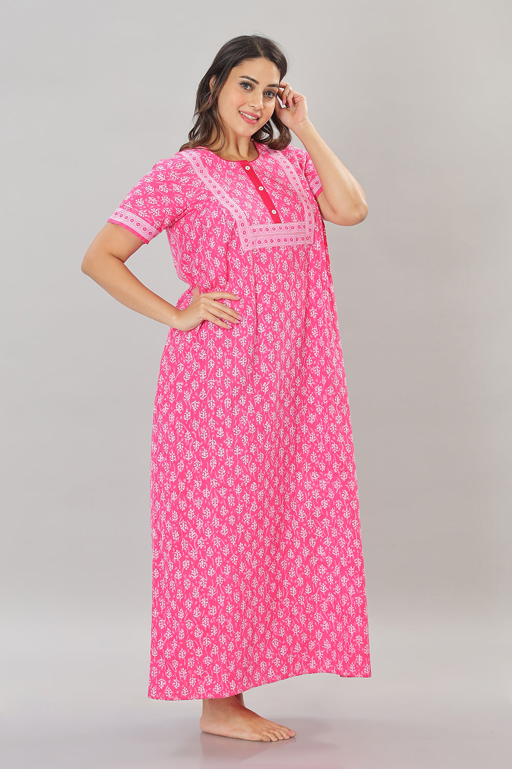 Naidu Hall Round Neck Cotton Printed Front open Pleated  Women's Nighty With Slant Pocket - Pink - NT04