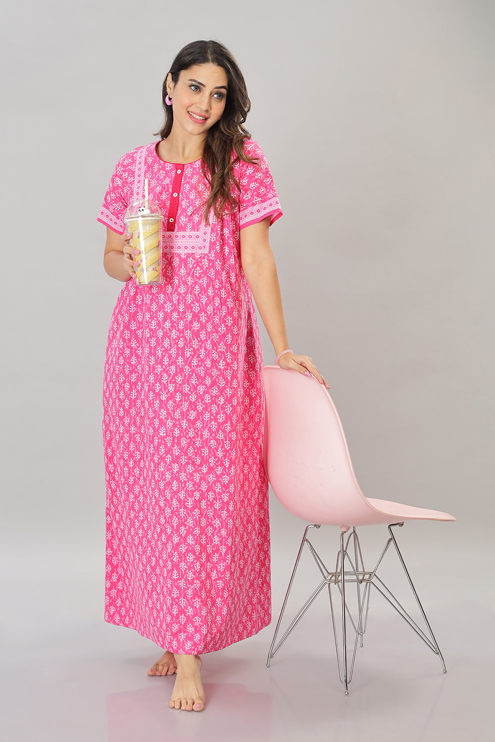 Naidu Hall Round Neck Cotton Printed Front open Pleated  Women's Nighty With Slant Pocket - Pink - NT04