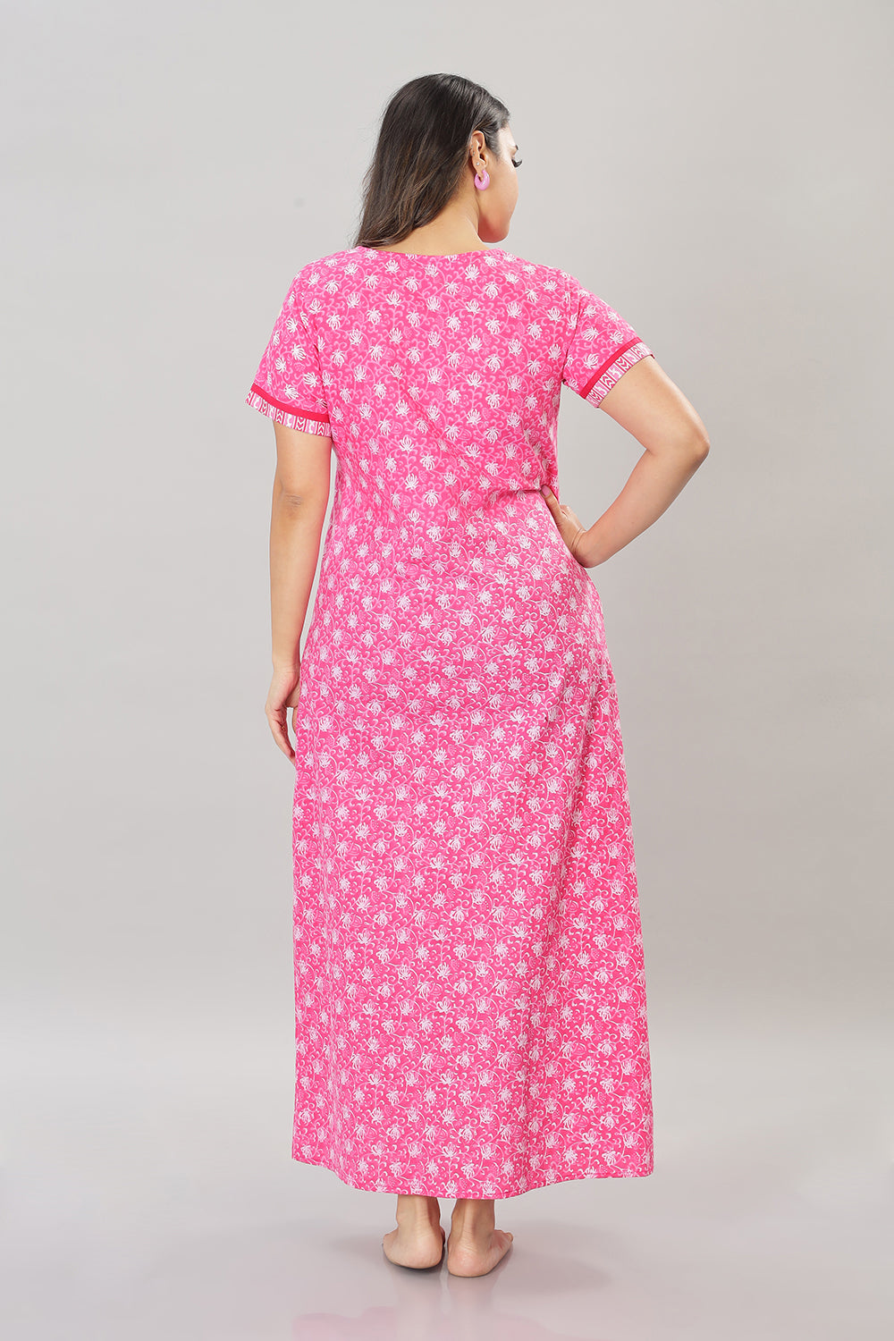 Naidu Hall Round Neck Cotton Printed Pull on  A line  Women's Nighty With Slant Pocket - Pink - NT36