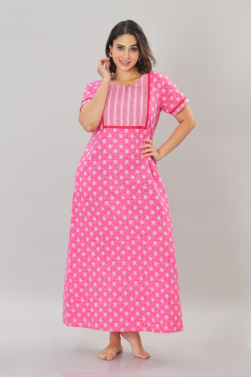 Naidu Hall Round Neck Cotton Printed Pull on  A line  Women's Nighty With Slant Pocket - Pink - NT36