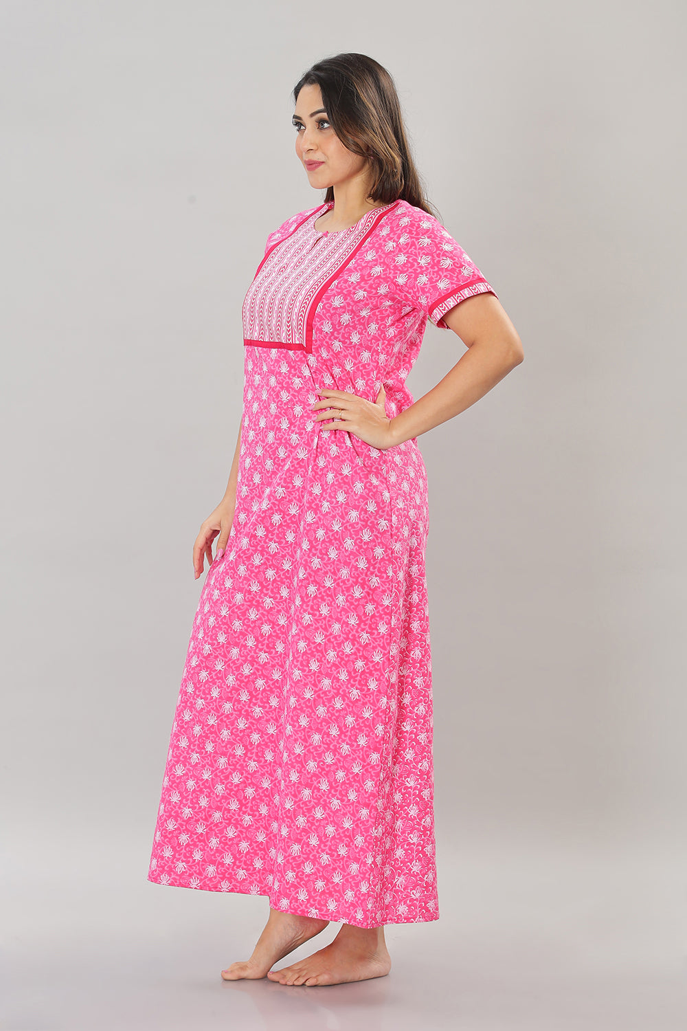 Naidu Hall Round Neck Cotton Printed Pull on  A line  Women's Nighty With Slant Pocket - Pink - NT36