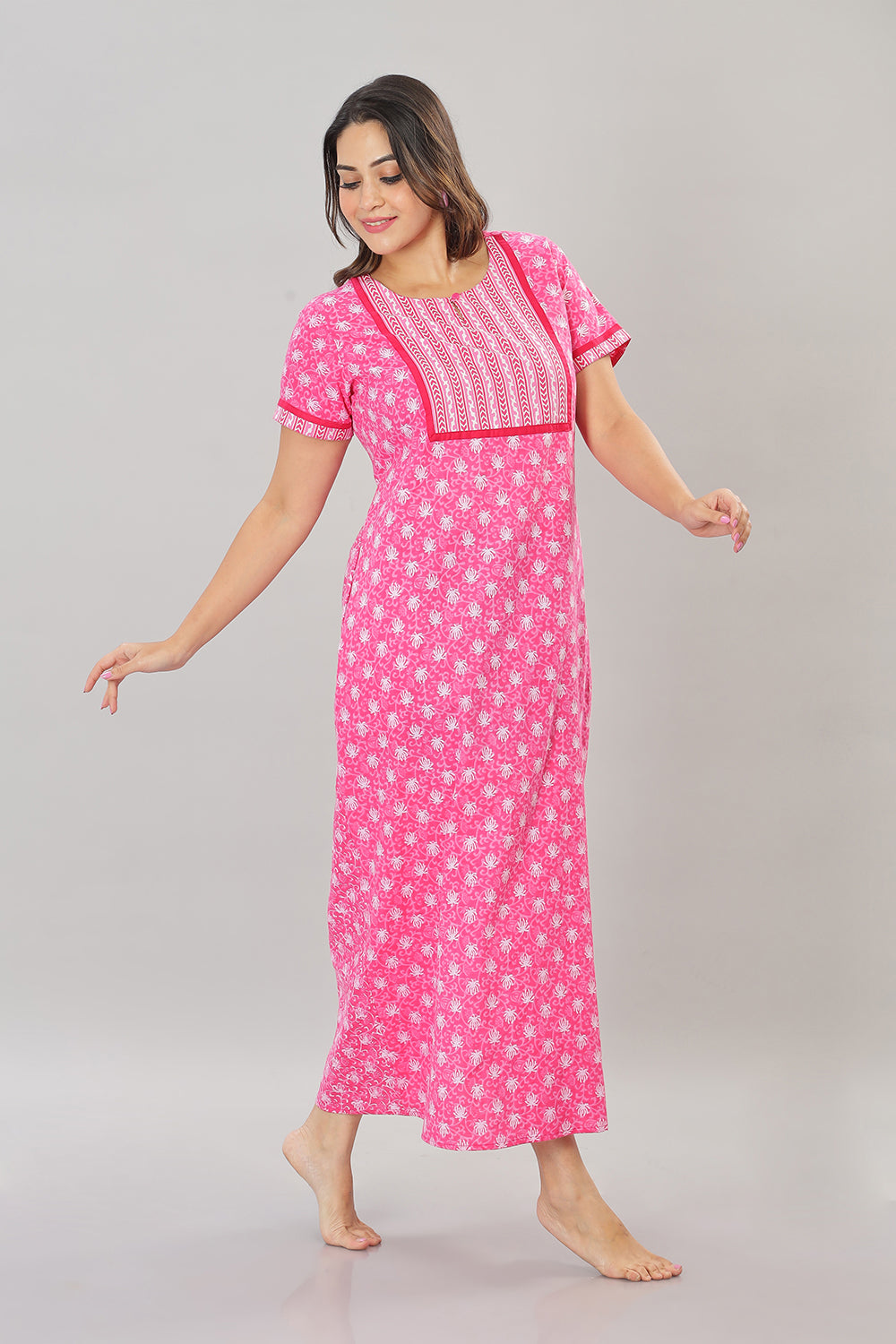 Naidu Hall Round Neck Cotton Printed Pull on  A line  Women's Nighty With Slant Pocket - Pink - NT36