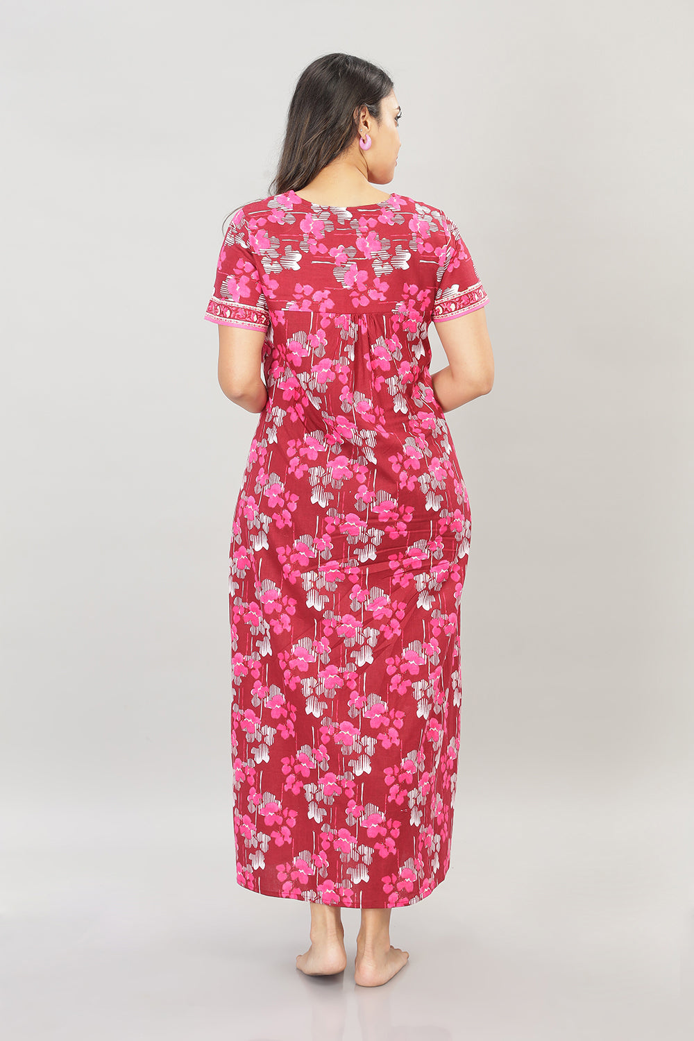 Naidu Hall Square Neck Cotton Printed Front open Pleated  Women's Nighty With Slant Pocket - Fuschia - NT20