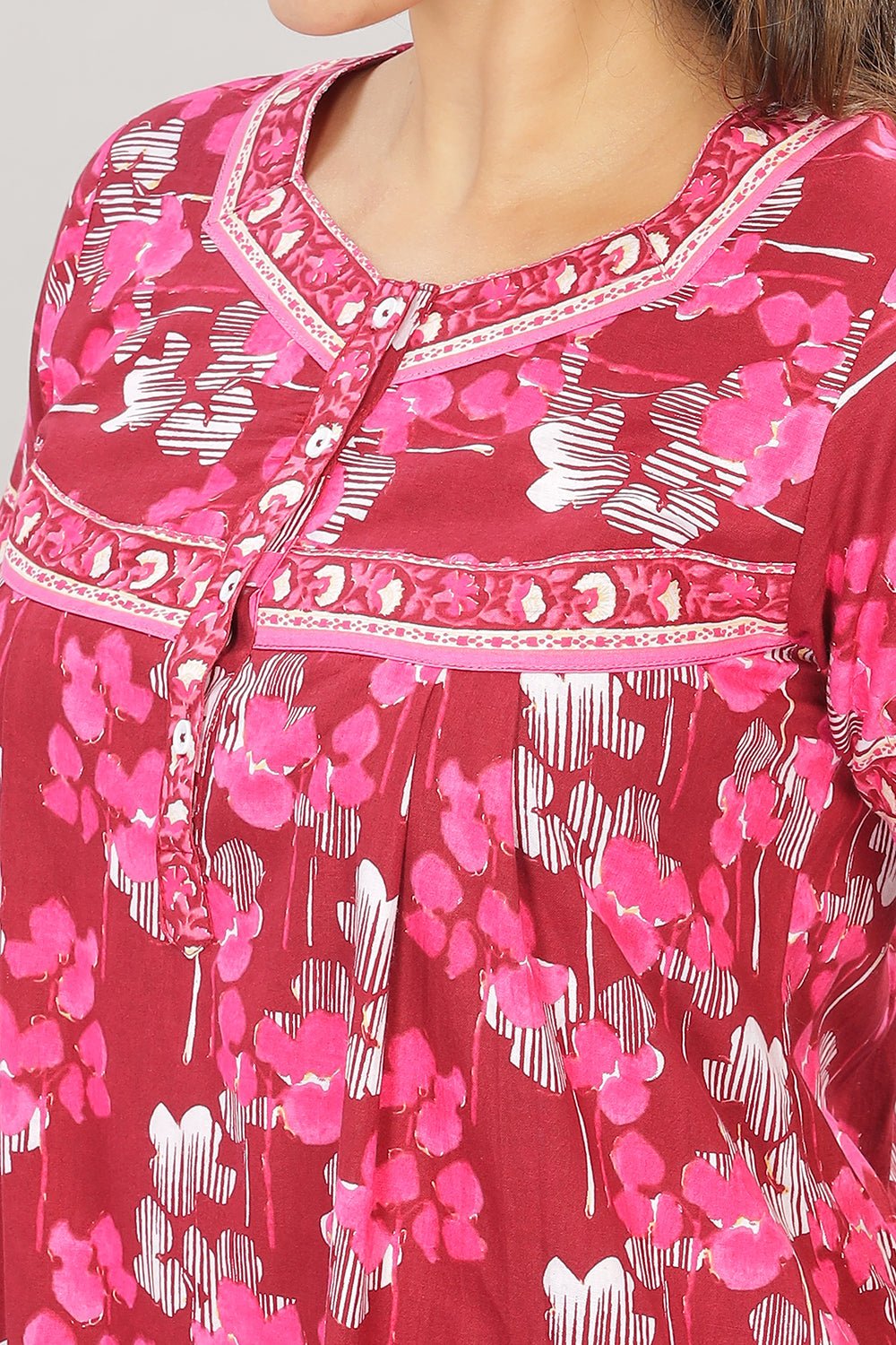 Naidu Hall Square Neck Cotton Printed Front open Pleated  Women's Nighty With Slant Pocket - Fuschia - NT20