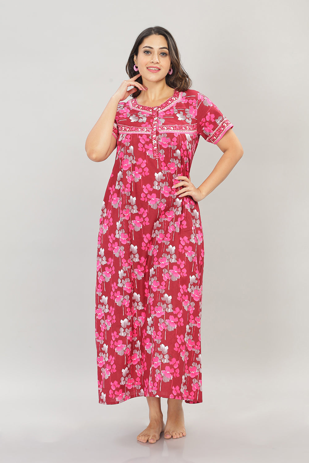 Naidu Hall Square Neck Cotton Printed Front open Pleated  Women's Nighty With Slant Pocket - Fuschia - NT20