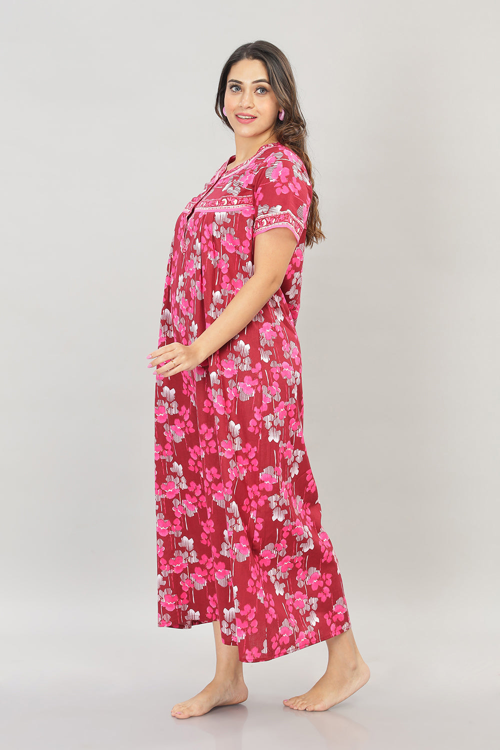 Naidu Hall Square Neck Cotton Printed Front open Pleated  Women's Nighty With Slant Pocket - Fuschia - NT20