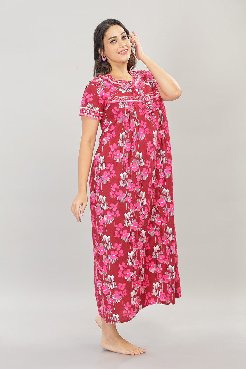 Naidu Hall Square Neck Cotton Printed Front open Pleated  Women's Nighty With Slant Pocket - Fuschia - NT20