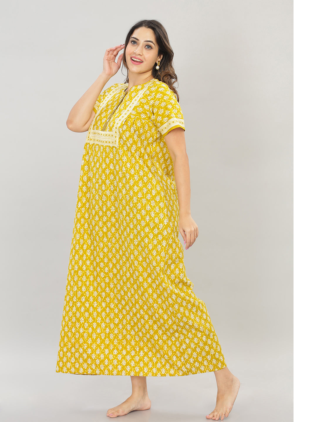 Naidu Hall Round Neck Cotton Printed Front open Pleated  Women's Nighty With Slant Pocket - Lime green - NT07