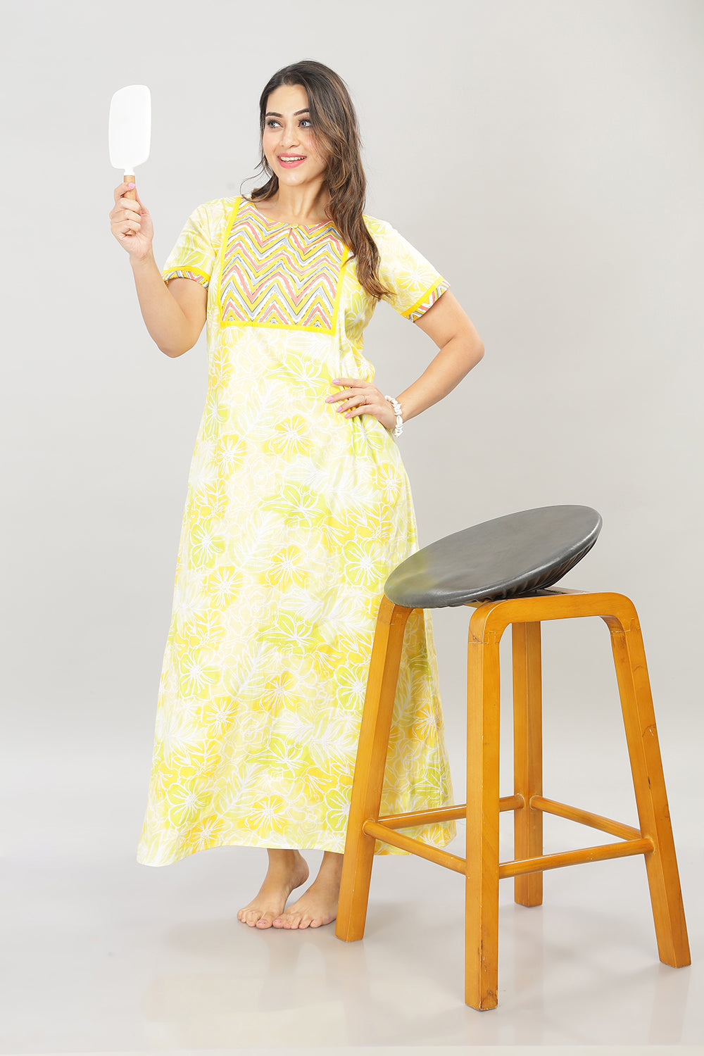 Naidu Hall Round Neck Cotton Printed Pull on  A line  Women's Nighty With Slant Pocket - Yellow - NT32