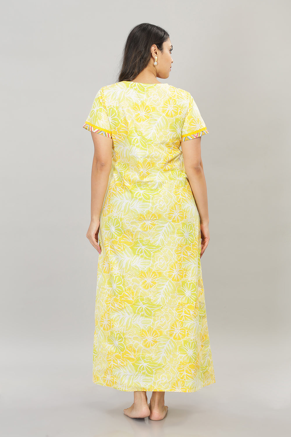 Naidu Hall Round Neck Cotton Printed Pull on  A line  Women's Nighty With Slant Pocket - Yellow - NT32