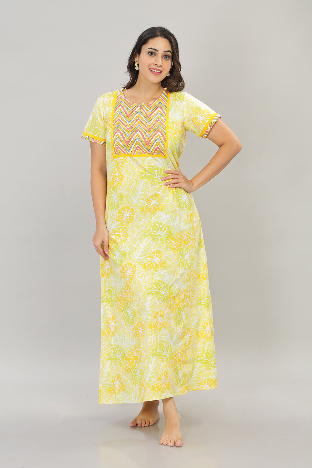 Naidu Hall Round Neck Cotton Printed Pull on  A line  Women's Nighty With Slant Pocket - Yellow - NT32