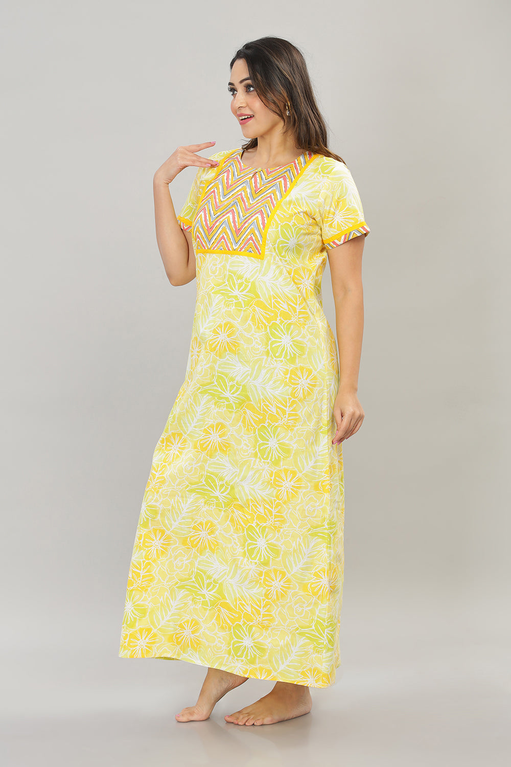 Naidu Hall Round Neck Cotton Printed Pull on  A line  Women's Nighty With Slant Pocket - Yellow - NT32