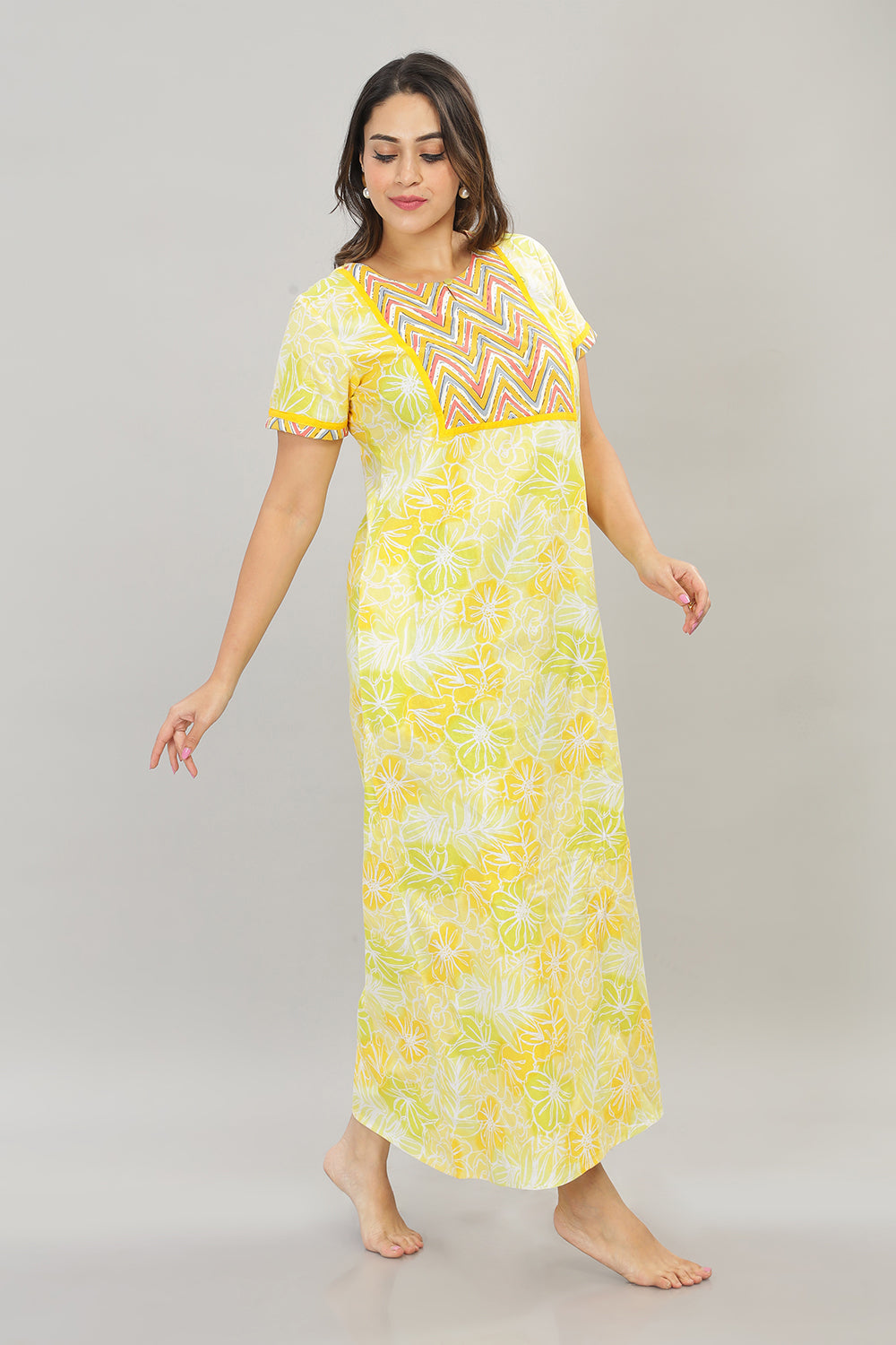 Naidu Hall Round Neck Cotton Printed Pull on  A line  Women's Nighty With Slant Pocket - Yellow - NT32