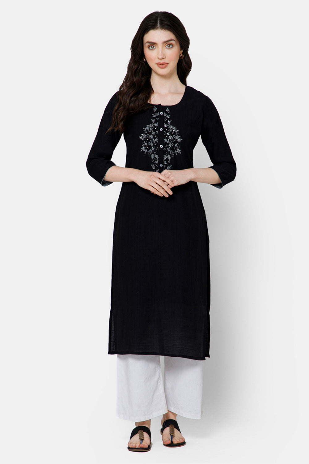 Mythri Women's Straight kurthi with Round neck and 3/4 sleeves - Black - E052